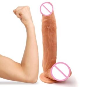 A 12-inch realistic flesh-toned dildo featuring lifelike veining and a sturdy suction cup base.