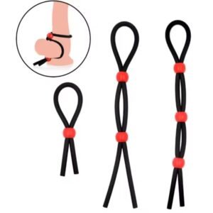 A 3-piece set of black adjustable silicone enhancement rings with a lasso-style pull-tab for a custom, secure fit