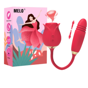 An elegant red rose-shaped stimulator featuring a suction head and a curved, telescopic thrusting stem for simultaneous G-spot and clitoral stimulation