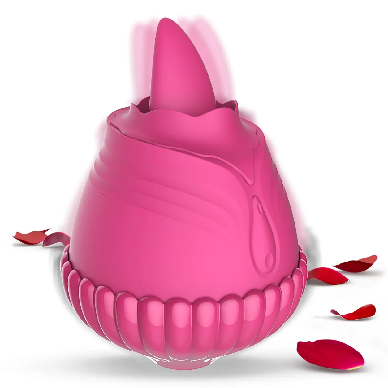 An elegant red rose-shaped stimulator featuring a suction head and a curved, telescopic thrusting stem for simultaneous G-spot and clitoral stimulation