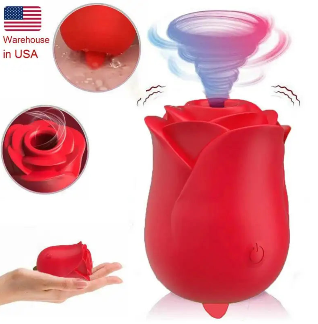 An elegant red rose-shaped stimulator featuring a suction head and a curved, telescopic thrusting stem for simultaneous G-spot and clitoral stimulation