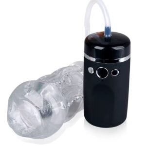 A professional-grade automatic penis pump with a clear, measured cylinder, a textured grip, and an integrated digital control panel.