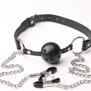 A classic black solid ball gag with an adjustable faux-leather strap and two integrated metal alligator nipple clamps on silver chains.