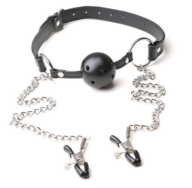 A classic black solid ball gag with an adjustable faux-leather strap and two integrated metal alligator nipple clamps on silver chains.
