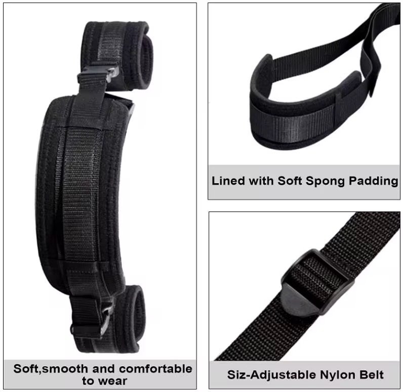 A 6-point wearable body restraint system featuring adjustable black straps and purple padded cuffs for the neck, wrists, thighs, and ankles.
