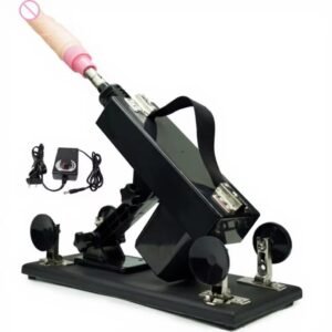 A professional-grade automatic sex machine with a sturdy metal frame, adjustable thrusting rod, and a realistic dildo attachment.