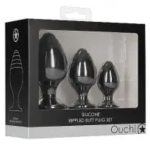 Ouch! branded 3-piece graduated silicone butt plug set with ribbed texture for training.