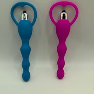 Ergonomically curved vibrating prostate plug with a flared safety base in pink and blue