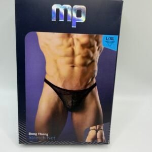 Male Power Bong Thong in black stretch net mesh, featuring a supportive pouch and thin waistband for a minimalist look.