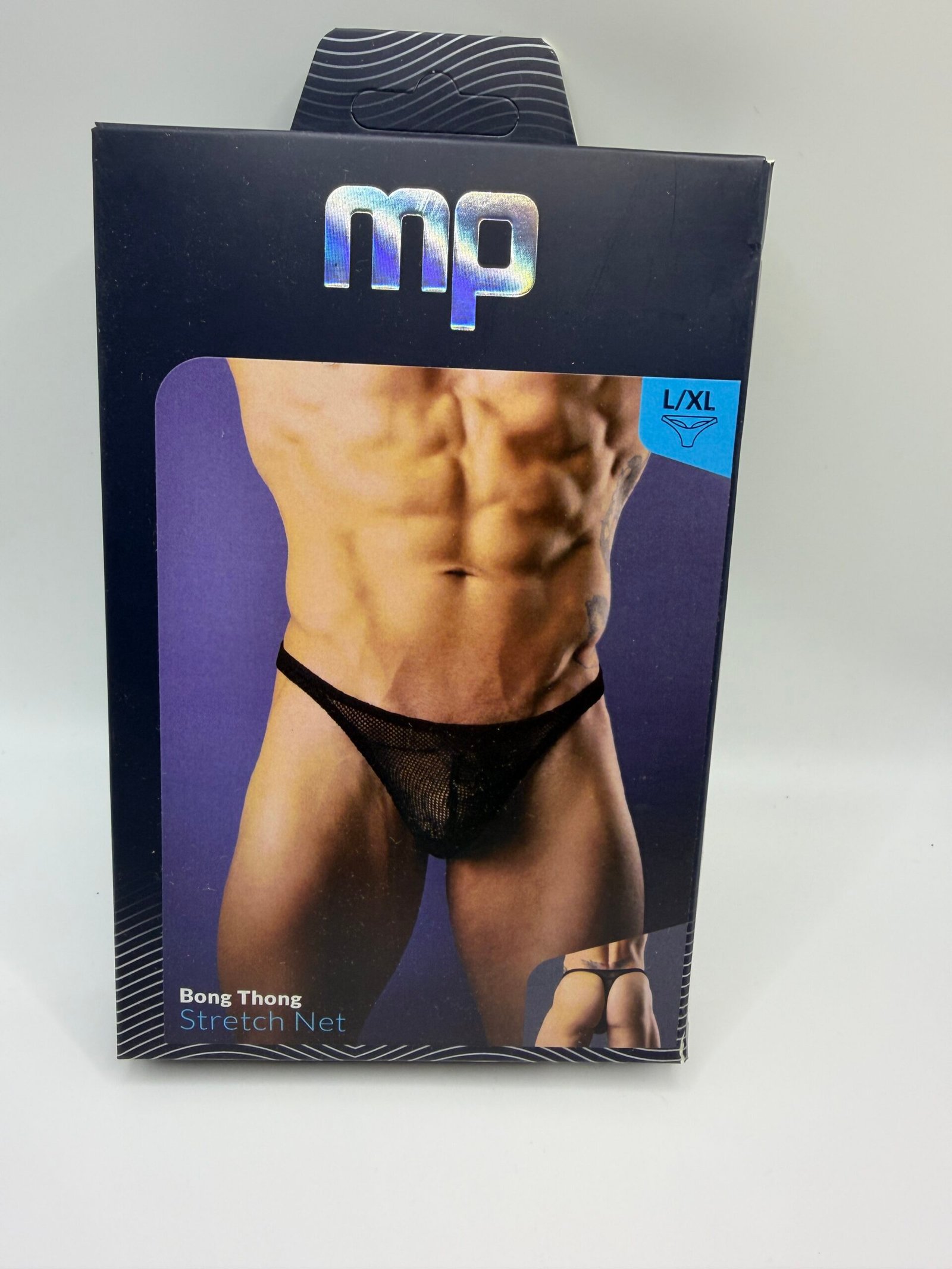 Male Power Bong Thong in black stretch net mesh, featuring a supportive pouch and thin waistband for a minimalist look.