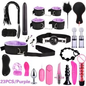 Complete 23-piece purple BDSM bondage set with restraints, vibrators, and sensory toys