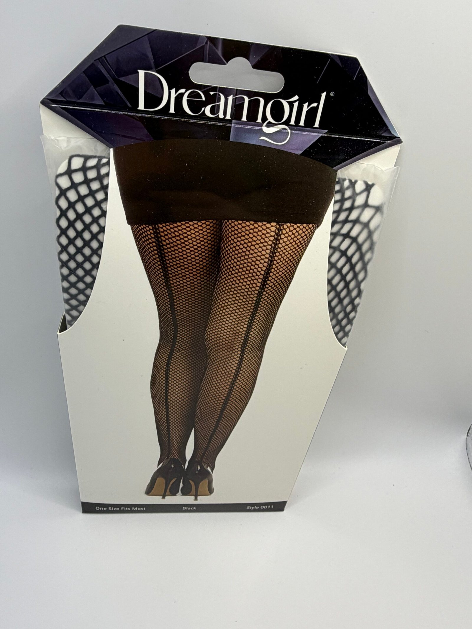 Dreamgirl Style 0011 black fishnet pantyhose featuring a classic knit pattern and a seductive reinforced back sea