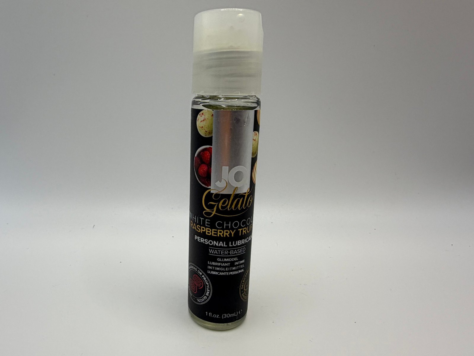 System JO Gelato flavored water-based personal lubricant in White Chocolate Raspberry Truffle flavor, 1.0 fl oz bottle.
