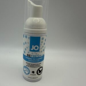 System JO Refresh fragrance-free foaming toy cleaner in a 1.7 fl oz pump bottle, showing alcohol and paraben-free labels.