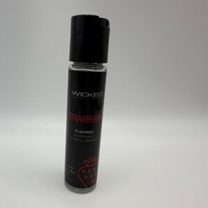 Wicked Sensual Care Strawberry flavored water-based intimate lubricant in a 1.0 fl oz bottle, featuring a vegan and paraben-free formula